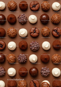 Variety of gourmet chocolate truffles on brown background