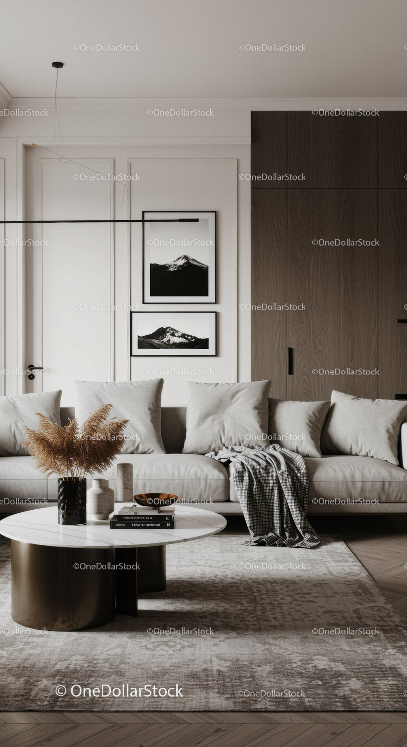 Elegancki, nowoczesny salon z beżową sofą i nadrukami górskimi