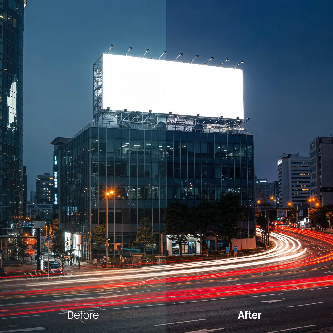 Before and after Neon Night City Lightroom preset edit
