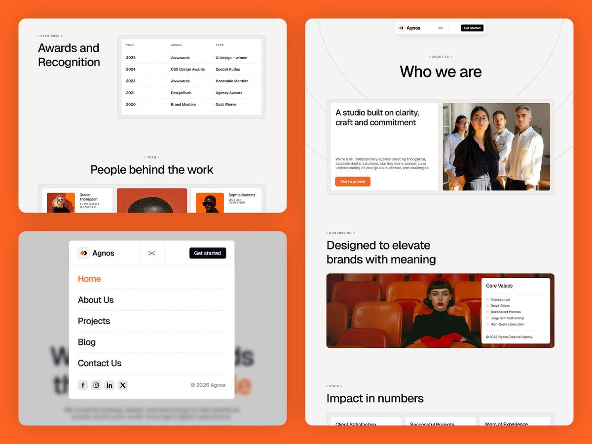 Agnos Framer template website sections preview