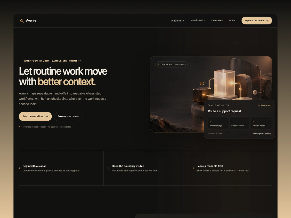 Avenly dark AI workflow landing page preview with warm cream accents and a dashboard sample interface.