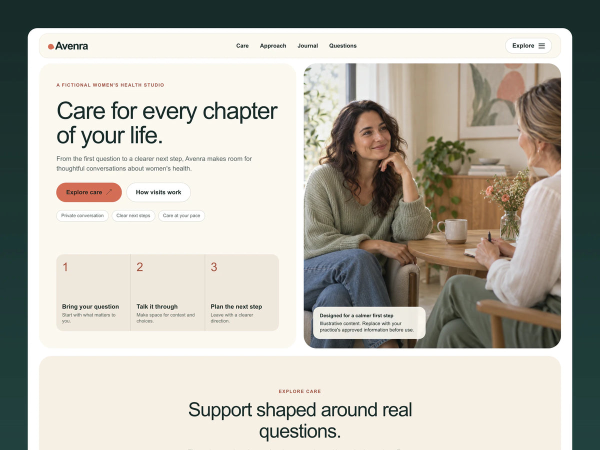 Avenra website hero preview with warm ivory panels, consultation photograph and three visit-stage cards