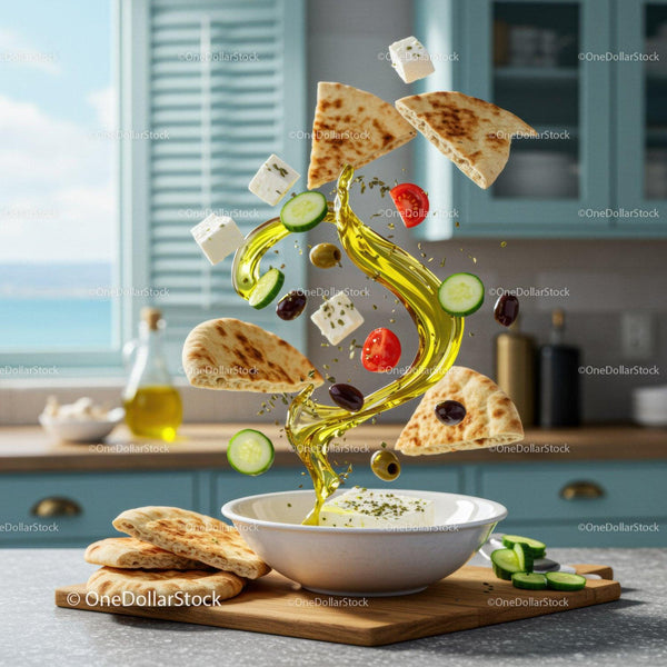 Mediterranean ingredients floating over fresh Greek salad