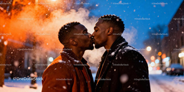 Romantic winter kiss between two men in snowy city street