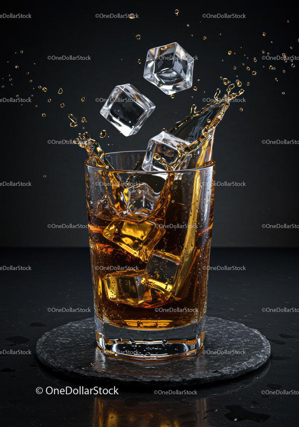 Refreshing Whiskey Splash with Ice Cubes in Glass