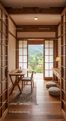 Japanese Style Room with Shoji Screens and Scenic Mountain View