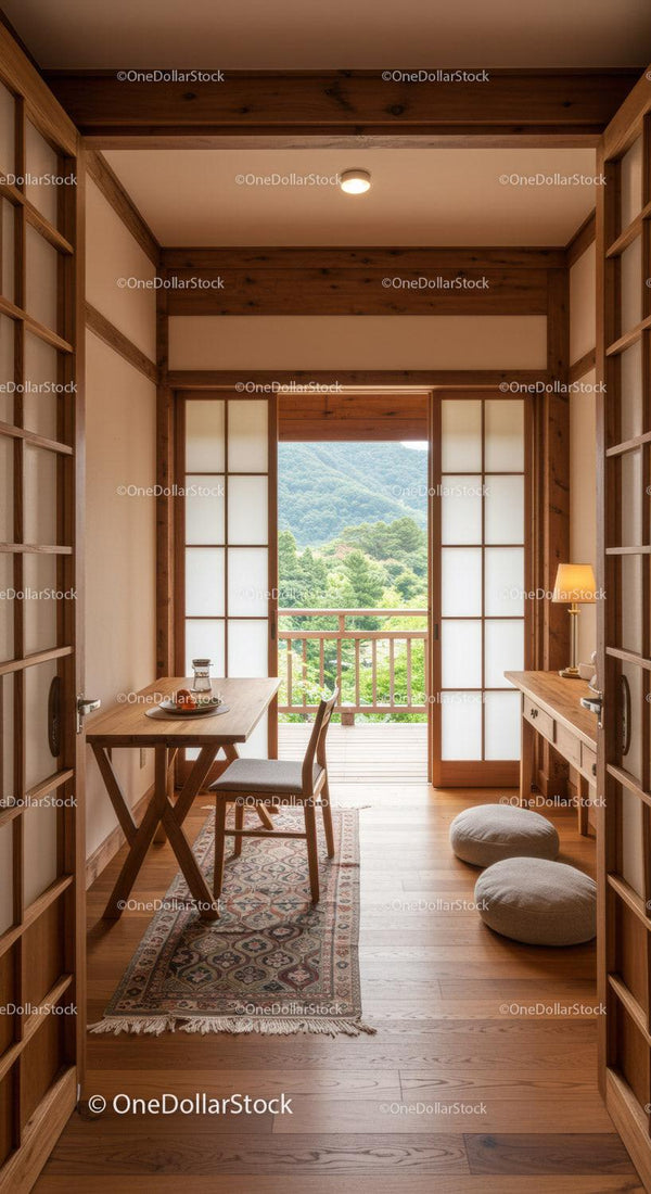 Japanese Style Room with Shoji Screens and Scenic Mountain View