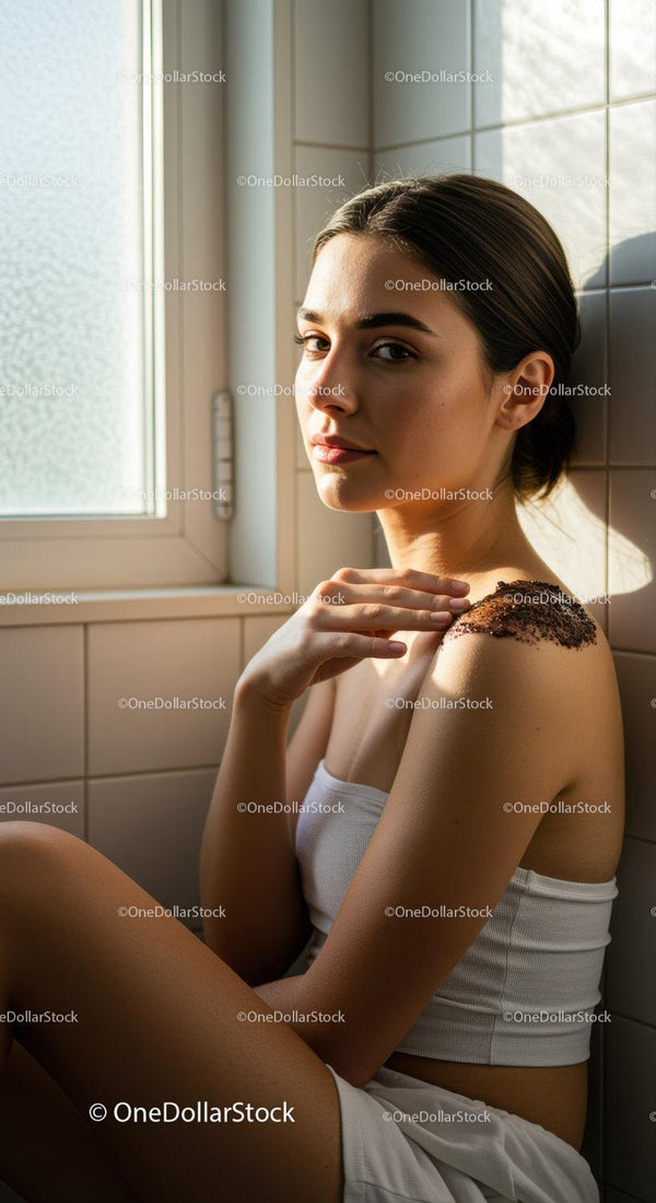 Young woman enjoying shoulder scrub in natural light