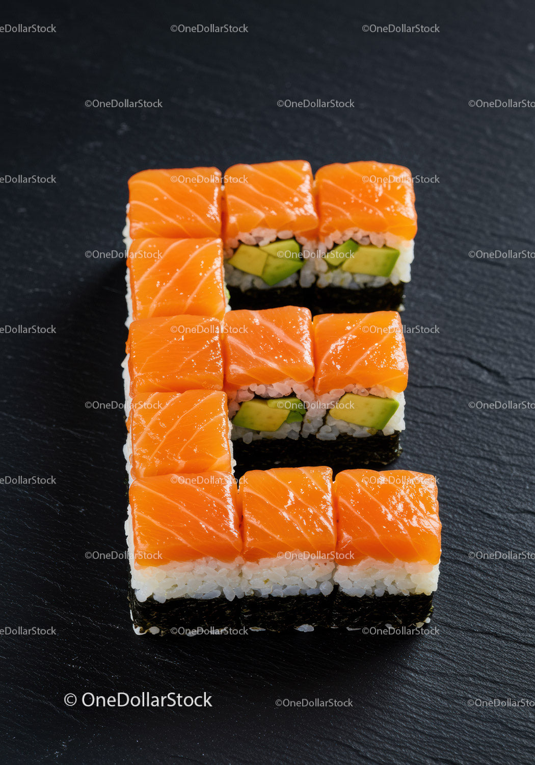 Square sushi rolls with fresh salmon and avocado