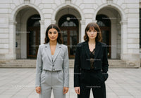 Stylish Businesswomen Standing Confidently in Front of Historic City Building