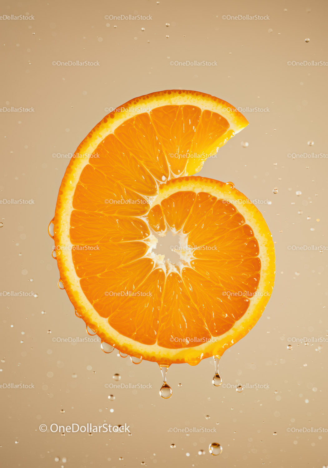 Fresh orange slice with water droplets in motion
