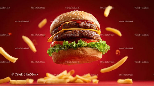 Soczysty Cheeseburger z Sałatą, Pomidorem i Frytkami Unoszący się w Powietrzu