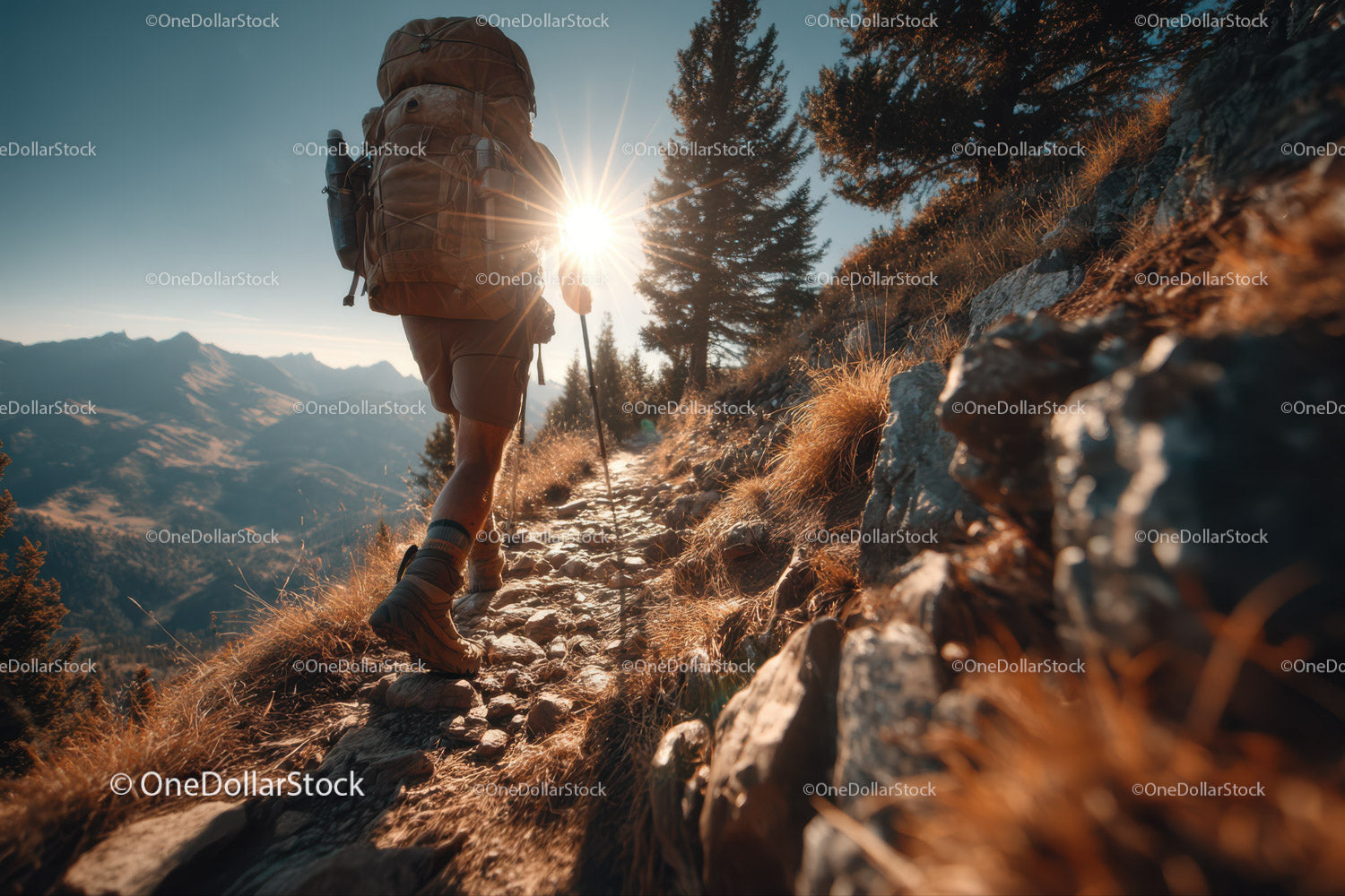 Mountain Hiking Adventure in Scenic Alpine Landscape with Sun