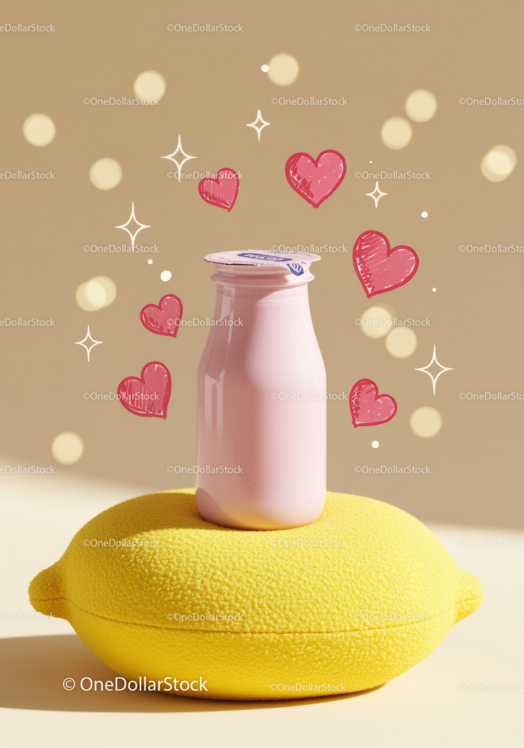 Pink yogurt bottle on bright lemon shaped cushion