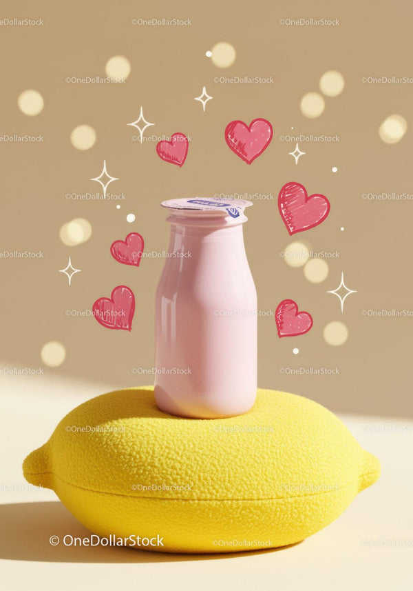 Pink yogurt bottle on bright lemon shaped cushion JPG Mockup Image