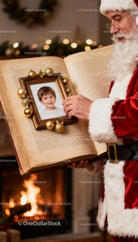 Santa Claus Holding Vintage Book with Childs Photo Frame