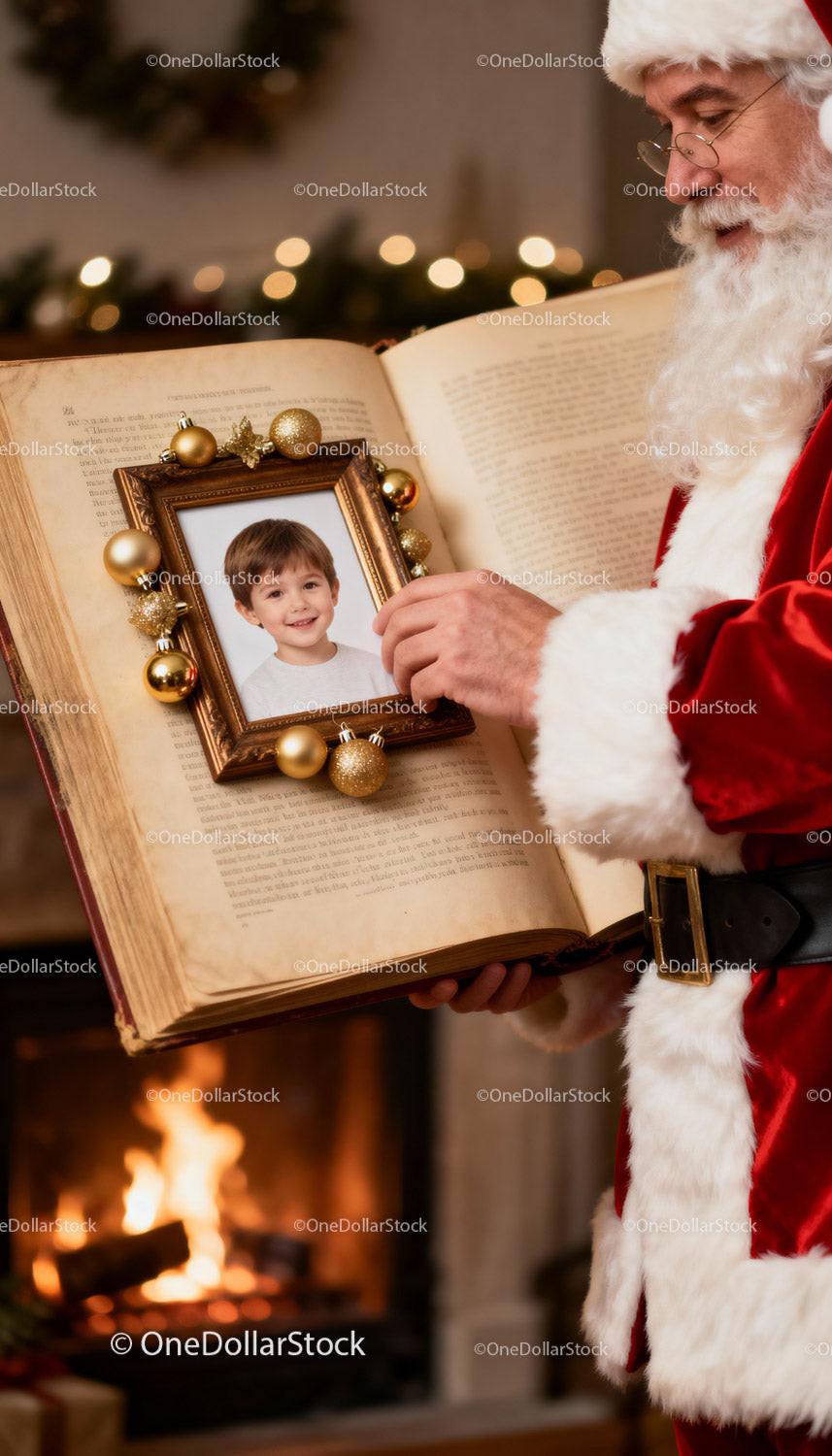 Santa Claus Holding Vintage Book with Childs Photo Frame