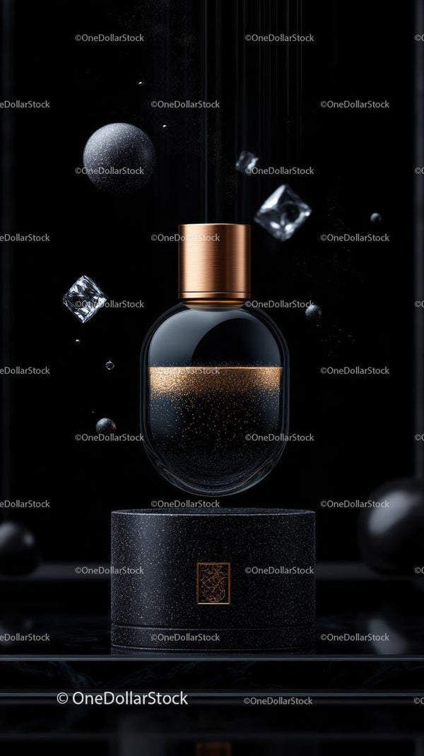 Elegancka Czarna Butelka Perfum z Złotą Nakrętką i Unoszącymi się Kostkami Lodu