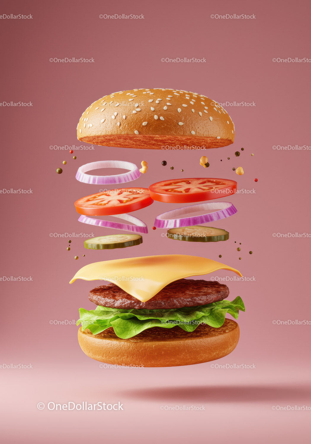 Deconstructed cheeseburger ingredients floating midair