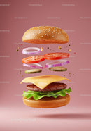 Deconstructed cheeseburger ingredients floating midair