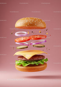 Deconstructed cheeseburger ingredients floating midair