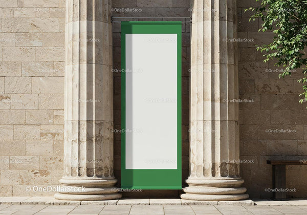 Blank Vertical Banner Between Historic Stone Columns JPG Mockup Image
