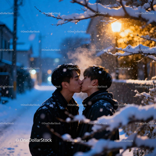 Young Couple Sharing a Tender Kiss on Snowy Evening