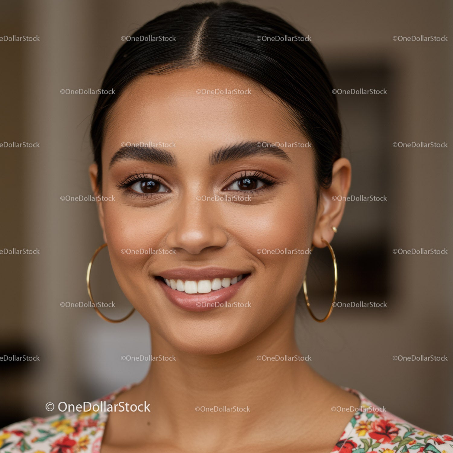 Portrait of a Smiling Woman with Hoop Earrings and Floral Outfit
