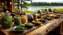 Herbal Collection of Fresh Herbs and Spices on Rustic Wooden Table