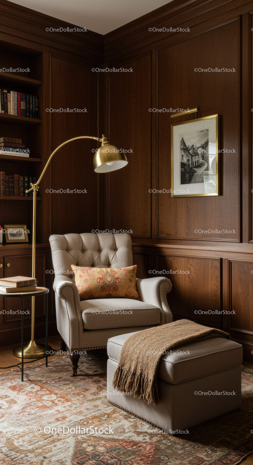 Cozy reading nook with tufted armchair and ottoman