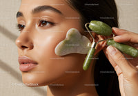 Close-Up of Woman Using Jade Roller for Facial Massage with Clear Skin