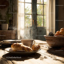 Rustic Breakfast Scene with Croissants and Coffee by Sunlit Window