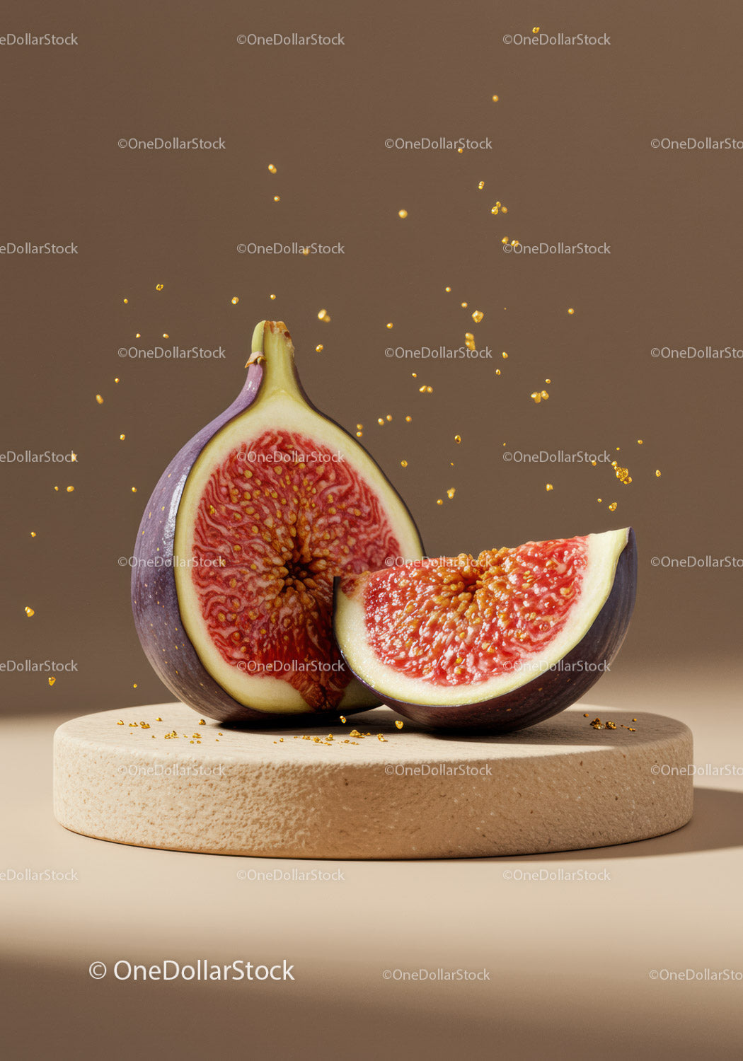 Fresh fig halves on textured stone pedestal with seeds