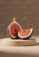 Fresh fig halves on textured stone pedestal with seeds