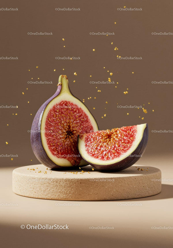 Fresh fig halves on textured stone pedestal with seeds