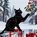 Black Cat Playing with Christmas Mistletoe on Snowy Day