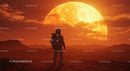 Astronaut Standing on Alien Planet with Large Sun Setting Behind