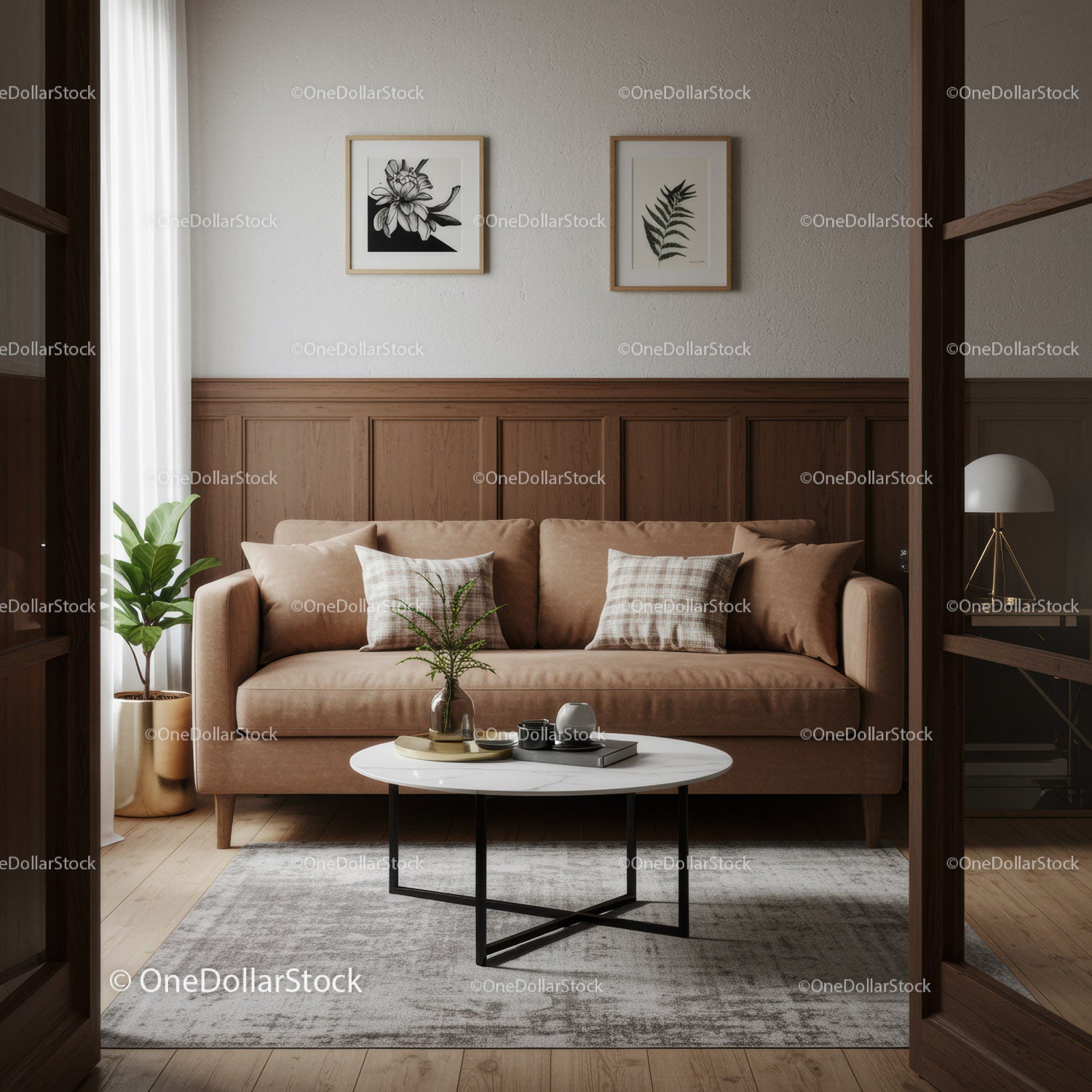 Elegant Living Room with Beige Sofa and Wooden Panel Wall