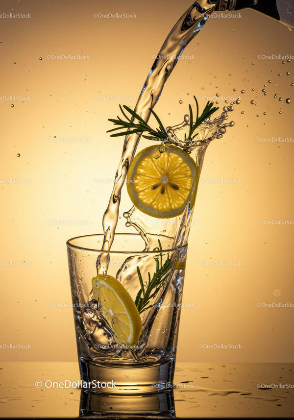 Refreshing water splash with lemon and rosemary herb