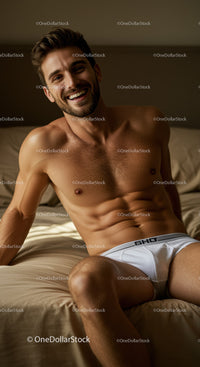 Smiling young man relaxing shirtless on bed in white briefs