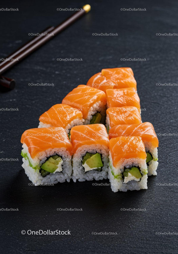 Fresh Salmon Avocado Sushi Rolls on Black Slate
