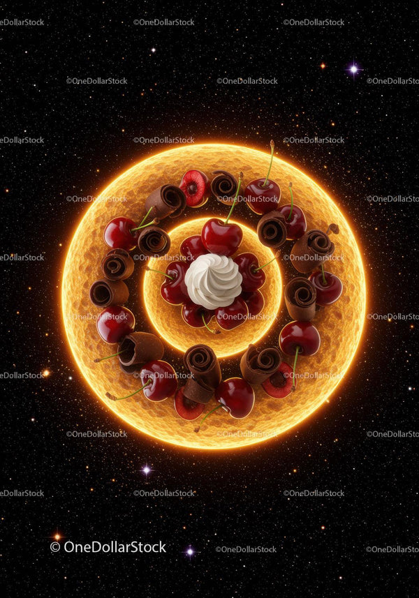 Cherry and Chocolate Swirls on Glowing Sun Background