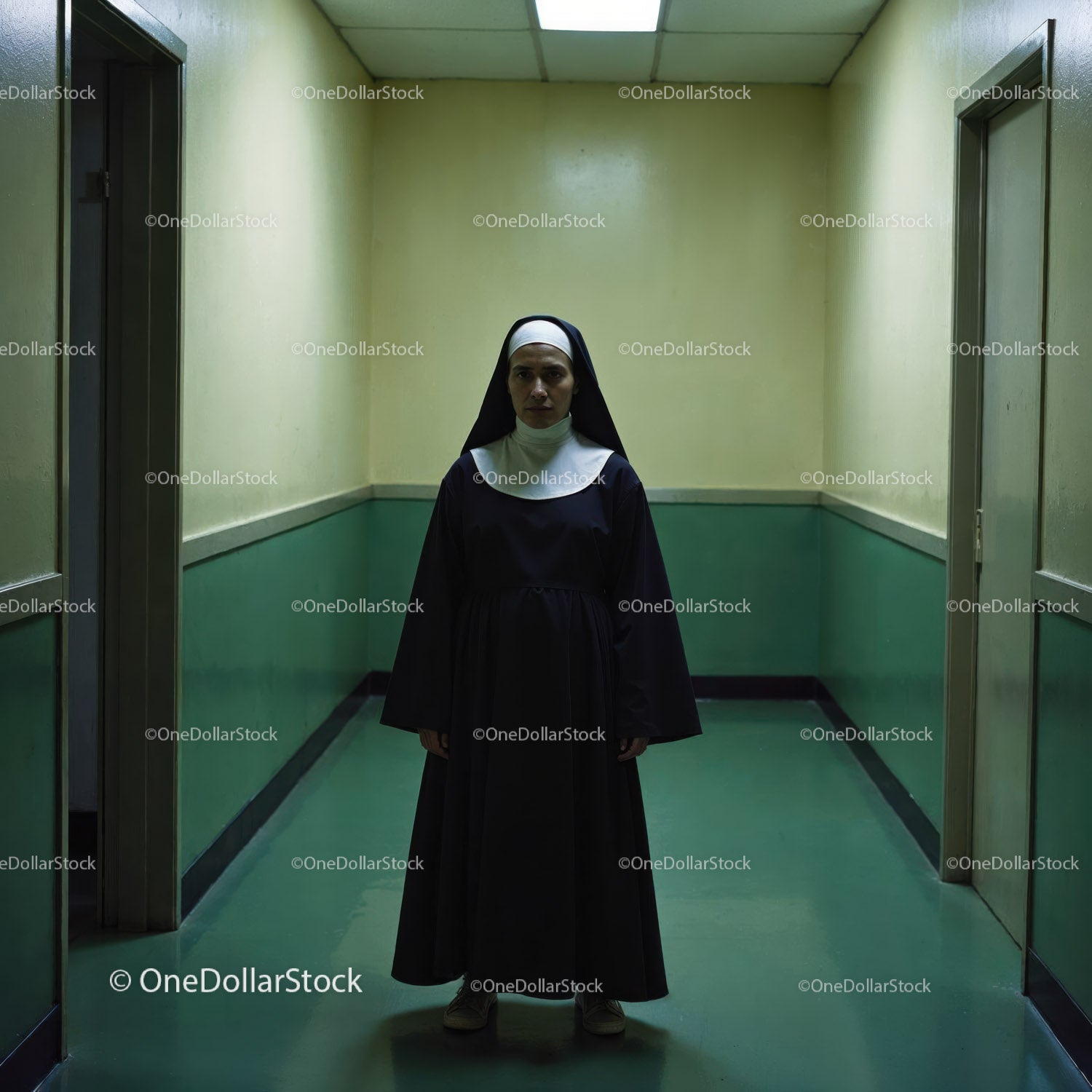 Confident Nurse in Hospital Corridor With Serious Expression