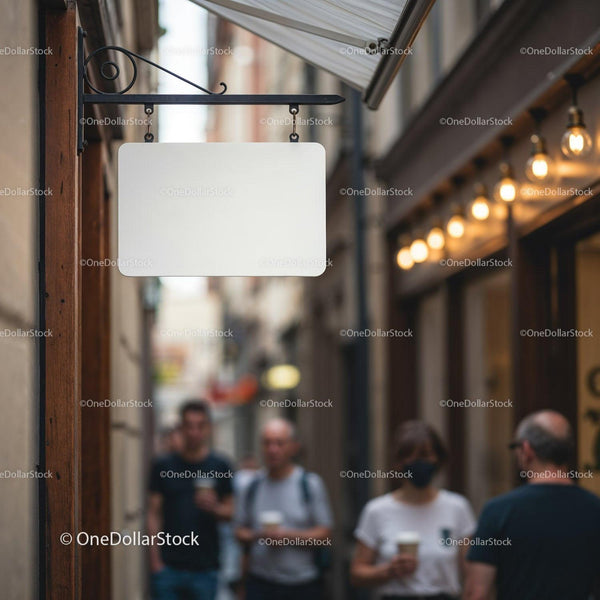 Blank Hanging Sign on Charming Urban Alleyway JPG Mockup Image