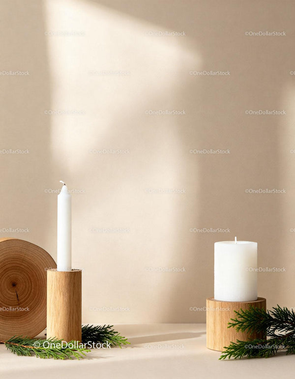 Minimalist White Candles in Wooden Holders with Greenery