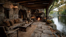 Rustic Riverside Cabin with Stone Fireplace Surrounded by Autumn Foliage