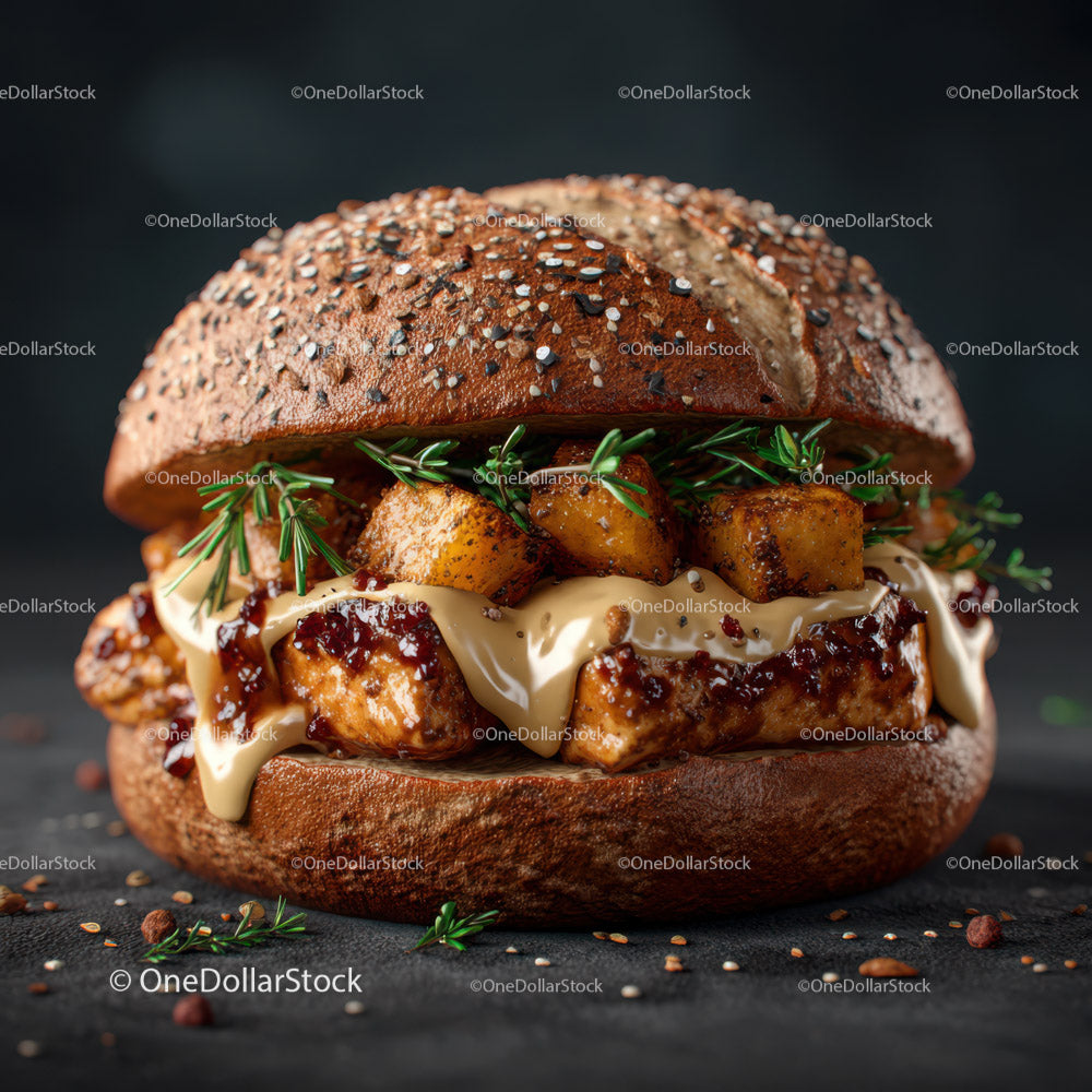 Wykwintny burger z kurczaka z pieczonymi ziemniakami i świeżymi ziołami