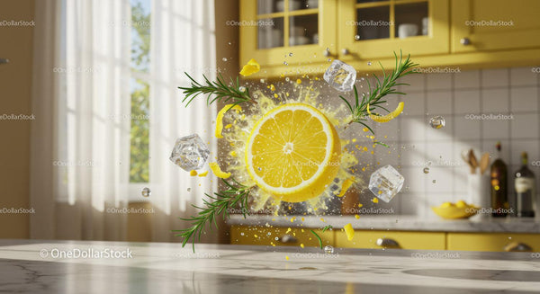 Fresh lemon slice with ice and herbs in kitchen