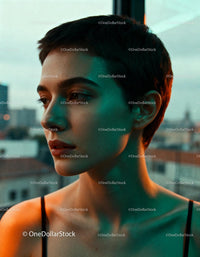 Thoughtful young woman with short hair by window