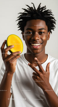 Young Man with Dreadlocks Holding Yellow Mango Smiling at Camera
